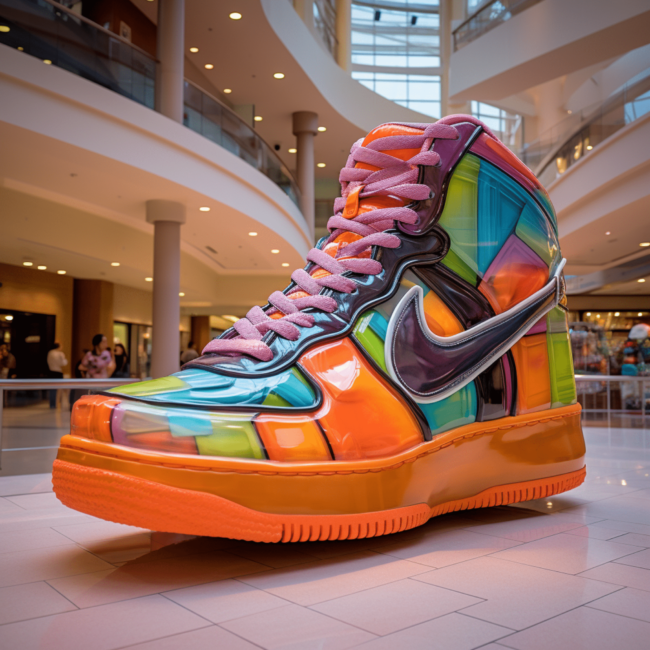 A giant colorful Nike shoe made of fiberglas