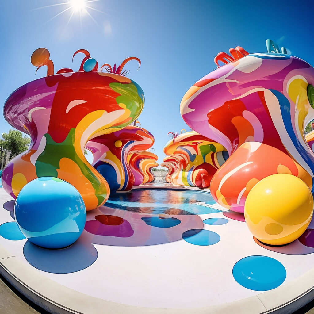 a colorful sculpture with a blue sky