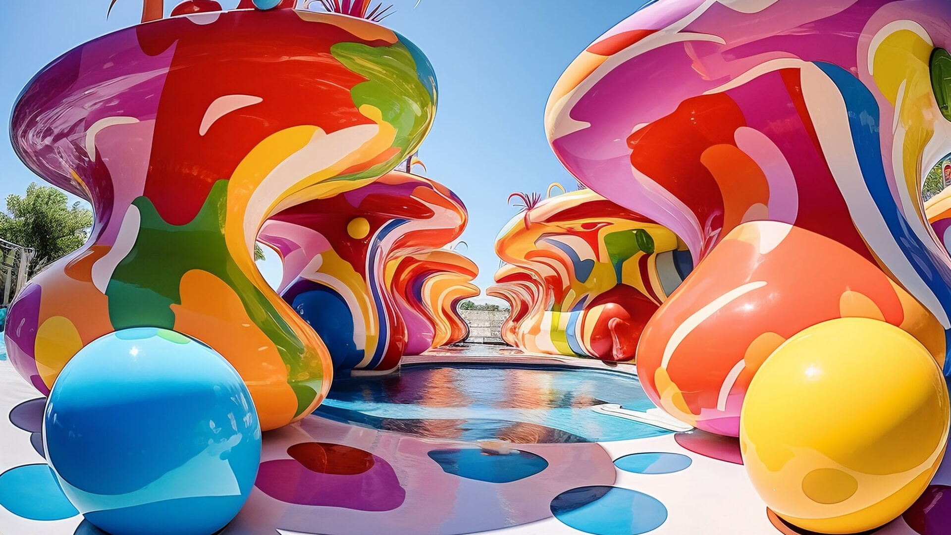 a colorful sculpture with a blue sky