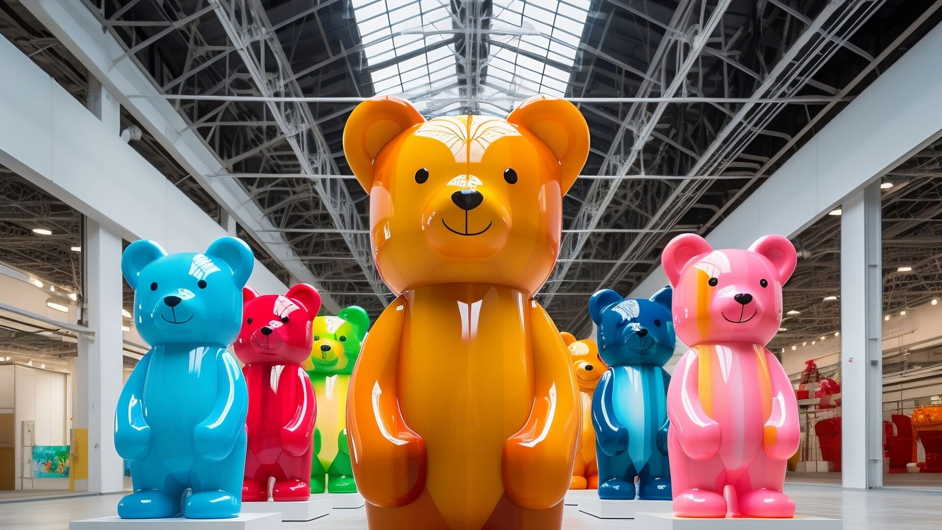 a large group of teddy bear fiberglass sculptures in a mall
