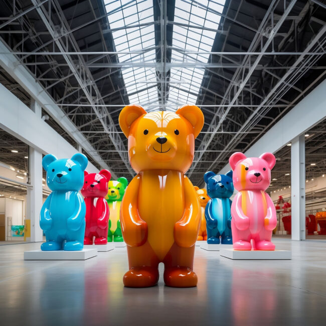 a large group of teddy bear fiberglass sculptures in a mall