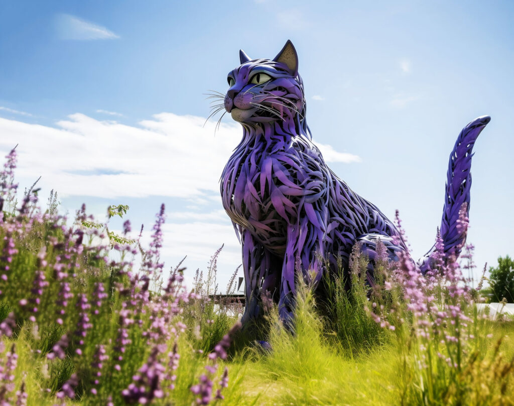 A giant cat scuplture in the middle of the meadows
