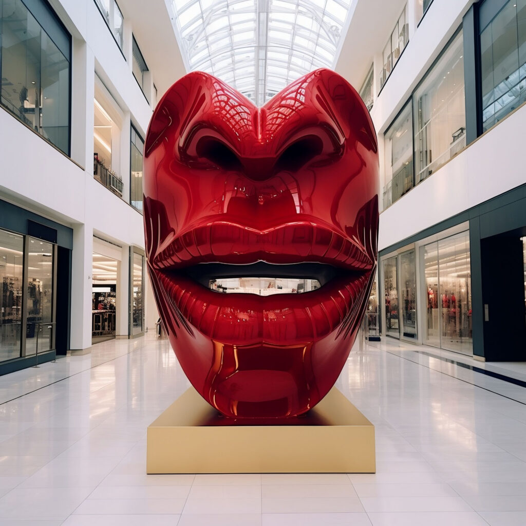a red sculpture in a mall