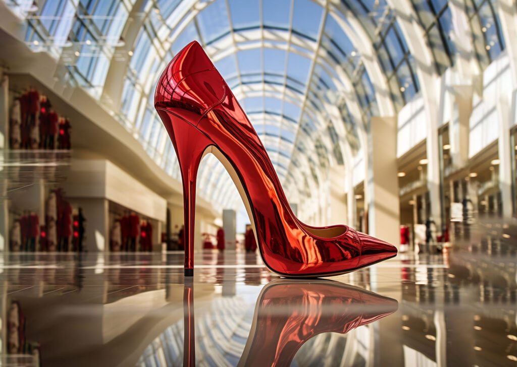 a red high heeled shoe on a shiny floor