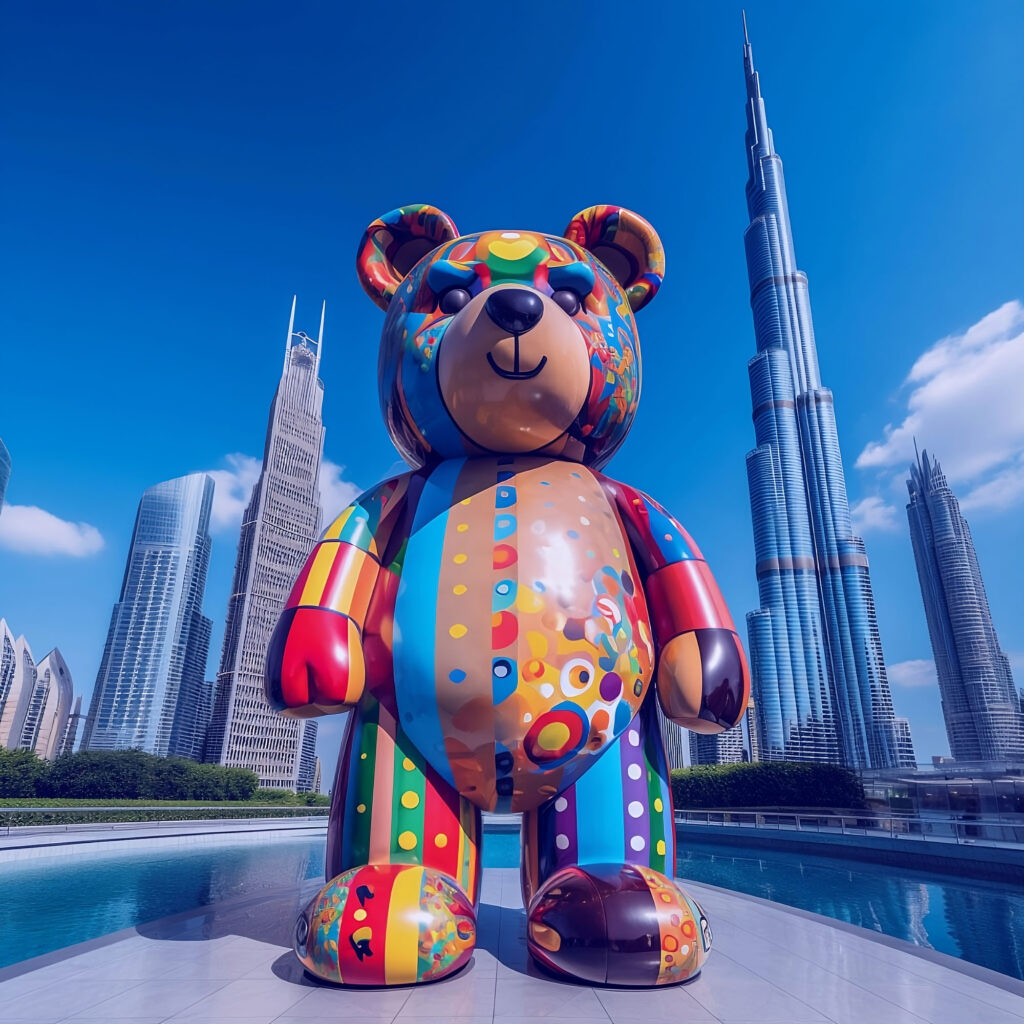 a large teddy bear in front of a pool with tall buildings in the background