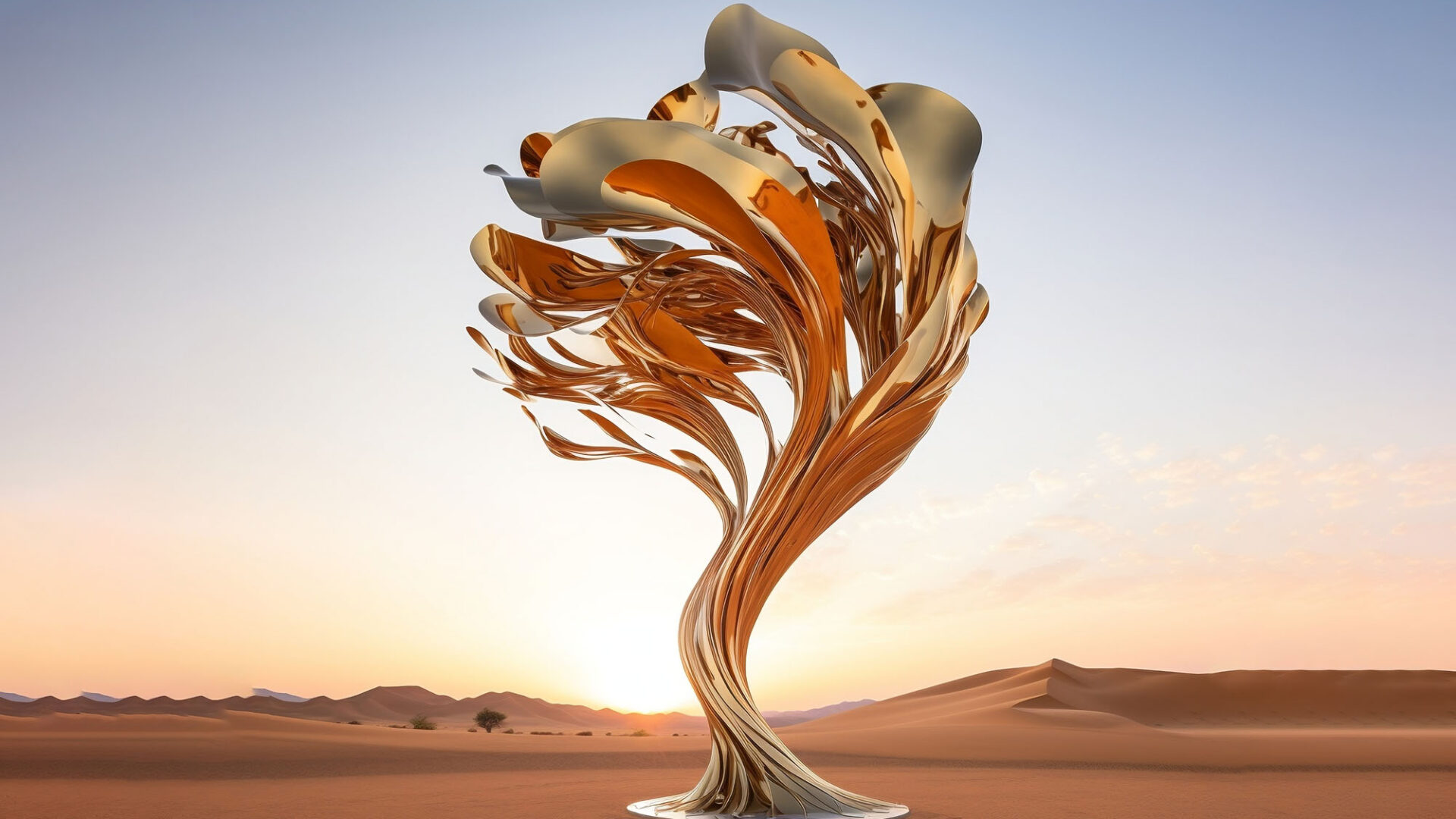 a golden sculpture in the desert