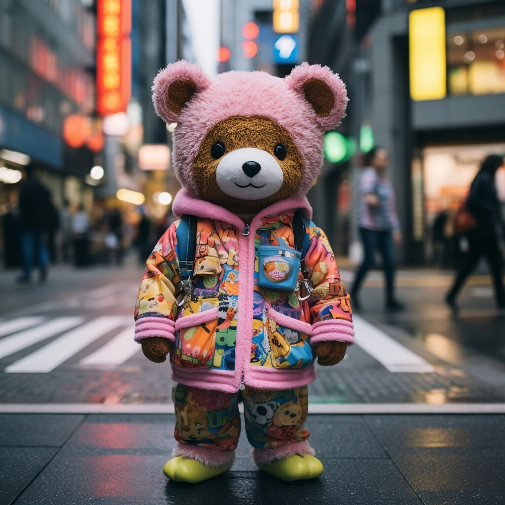 a stuffed bear wearing a pink hat and jacket standing on a street