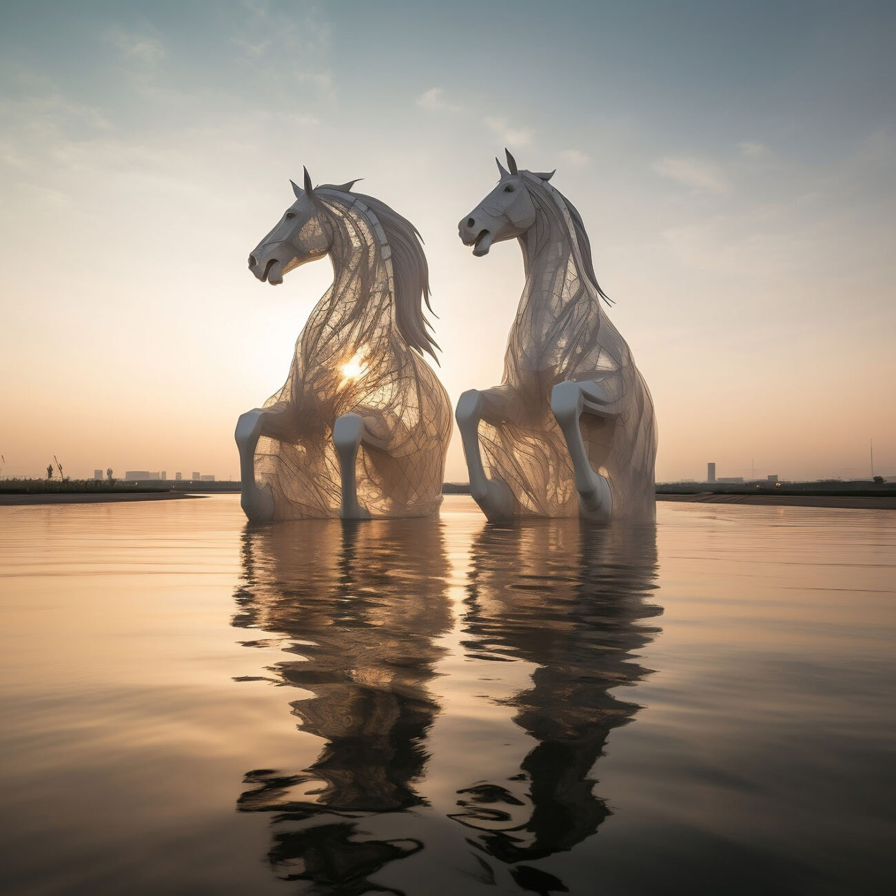 Two giant futuristic Arabian horses sculptures