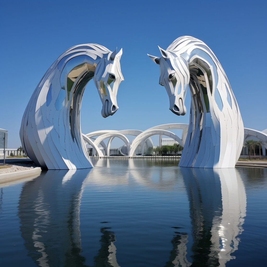 Two giant futuristic Arabian horses sculptures