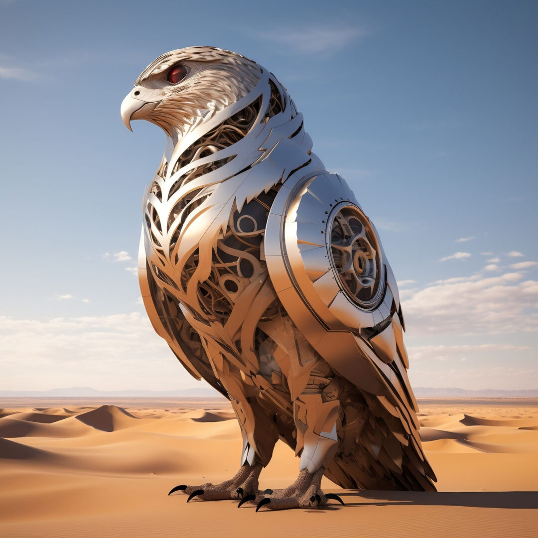 A futuristic giant Arabian falcon in the middle of the desert