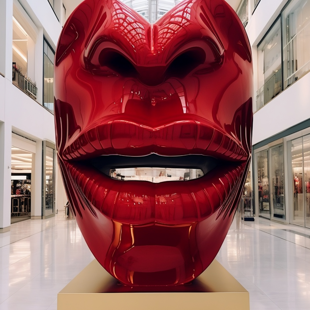 a red sculpture of a mouth