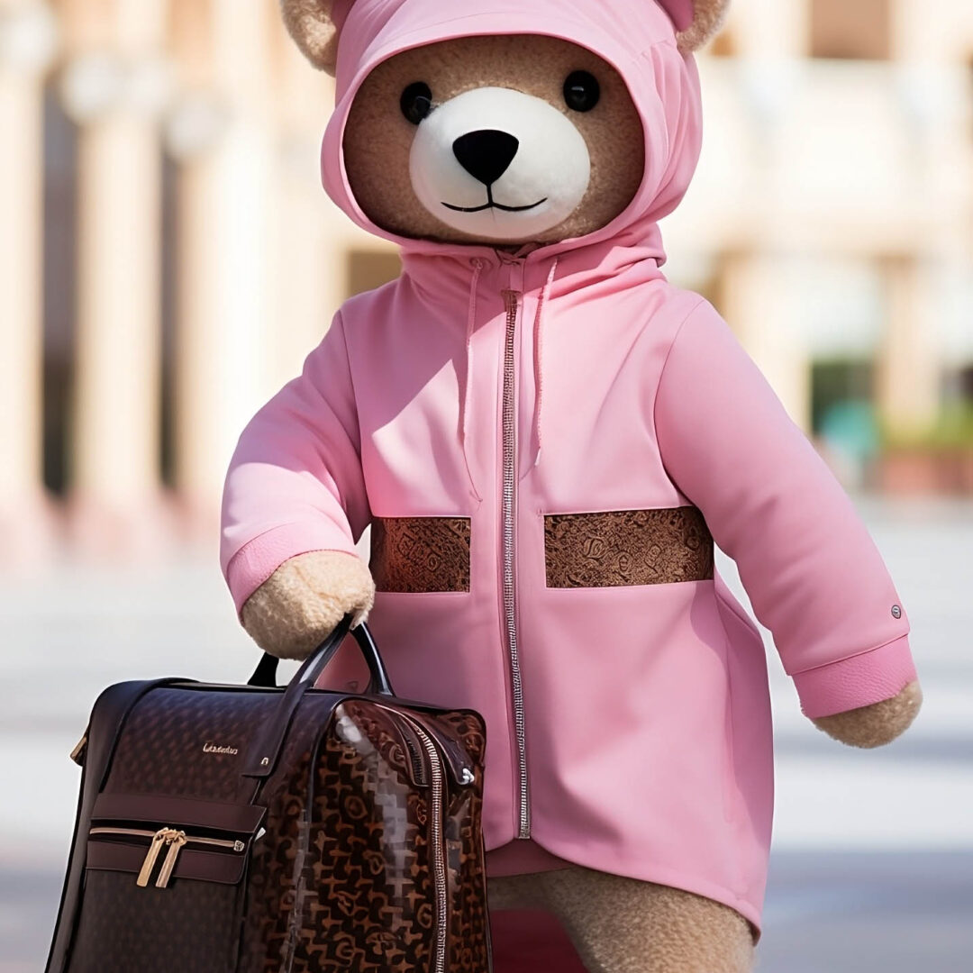 a stuffed bear wearing a pink coat and holding a brown bag