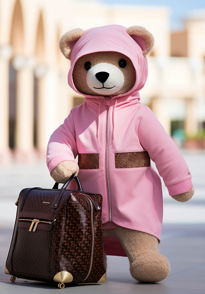a stuffed bear wearing a pink coat and holding a brown bag