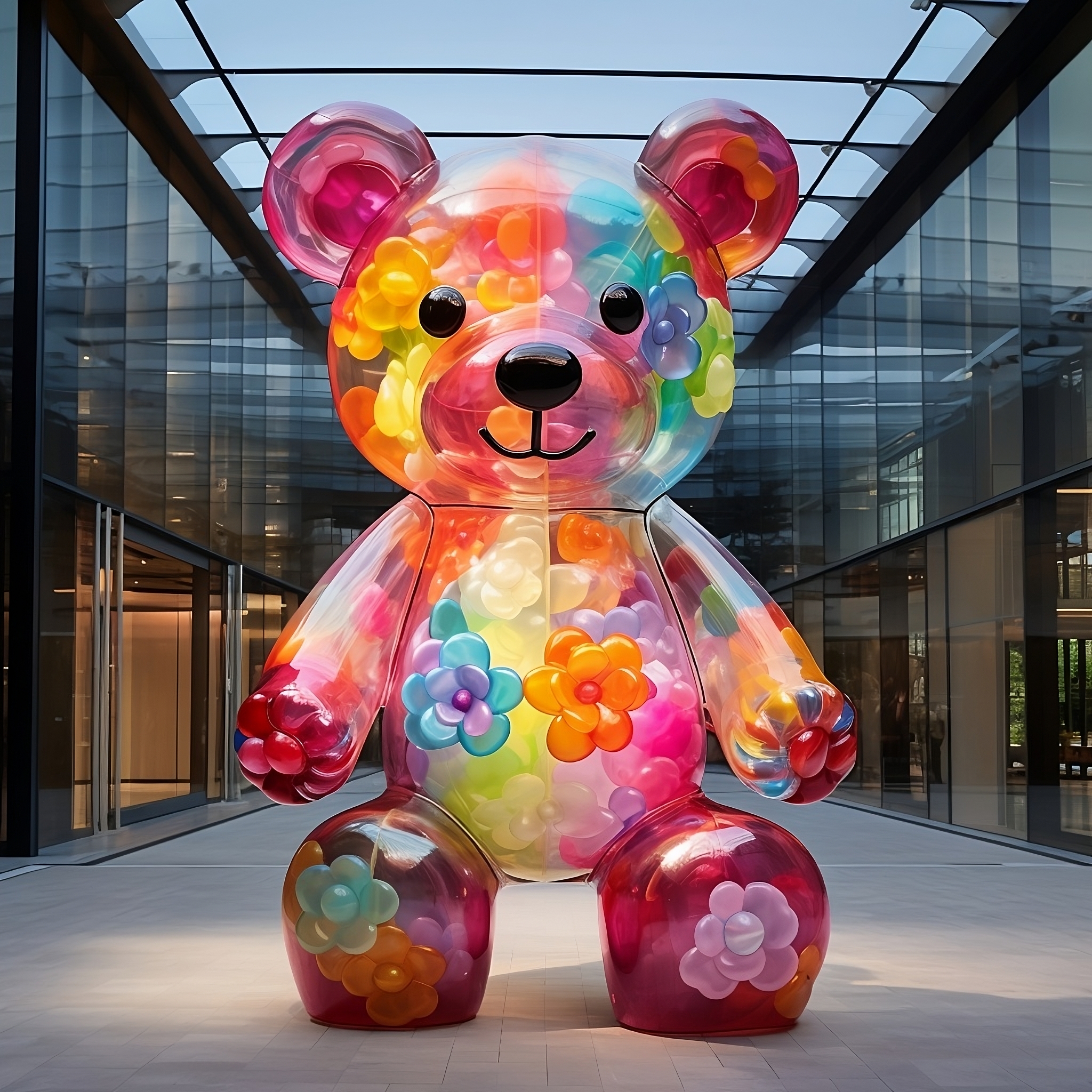 a large inflatable bear in a building