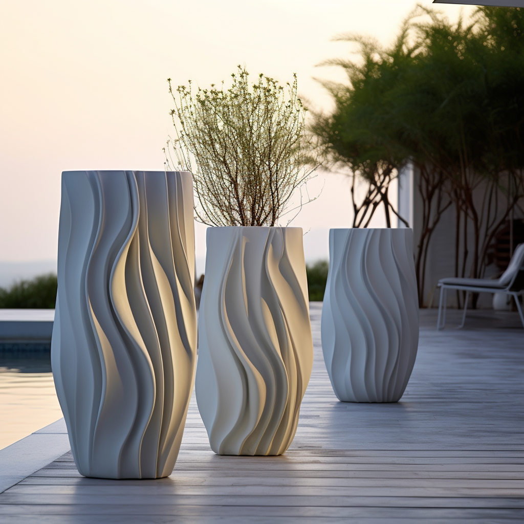 a group of white vases with a plant in it