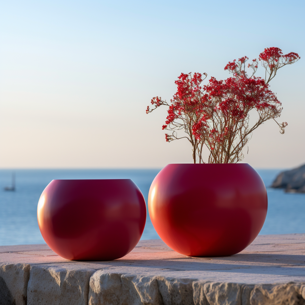 two red vases with flowers in them